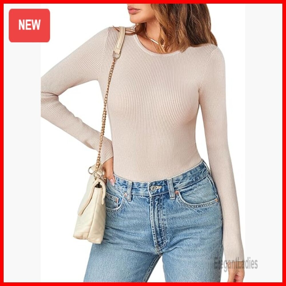 Long Sleeve Ribbed Bodysuit Crew Neck Slim Fit Knit Top